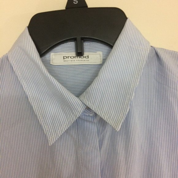 Promod Women Blue White Pinstripe Long Sleeve Button-Down Dress Shirt Long Sz 6 - Picture 6 of 11